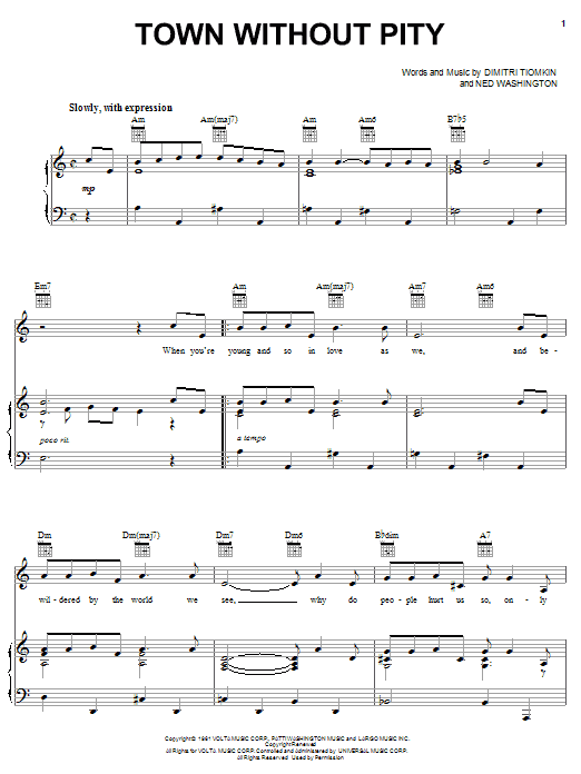 Preview Gene Pitney Town Without Pity Rock sheet music, notes and chords for Piano, Vocal & Guitar (Right-Hand Melody), SKU: 70225 Town Without Pity sheet music