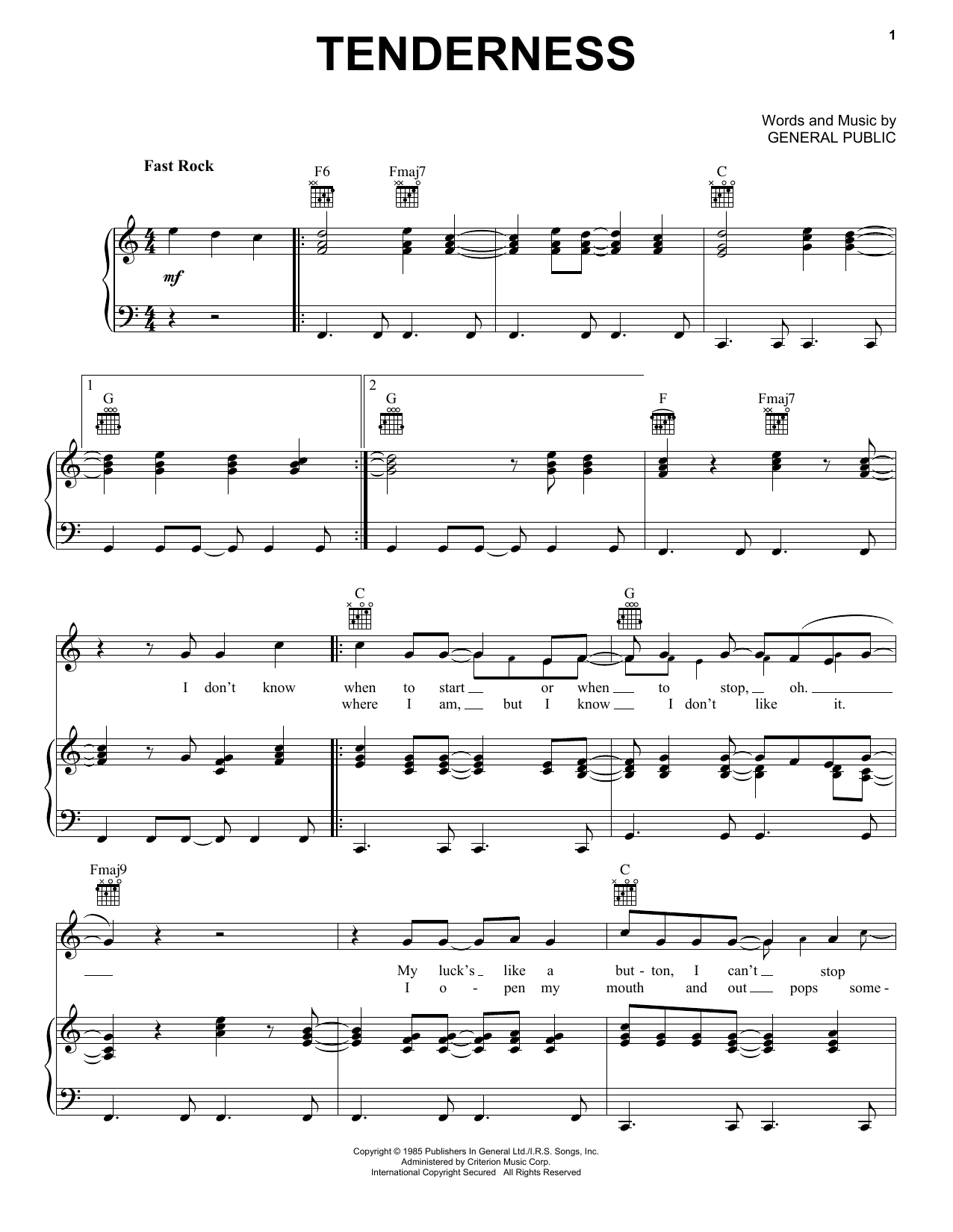 General Public Tenderness Sheet Music Notes & Chords for Piano, Vocal & Guitar Chords (Right-Hand Melody) - Download or Print PDF