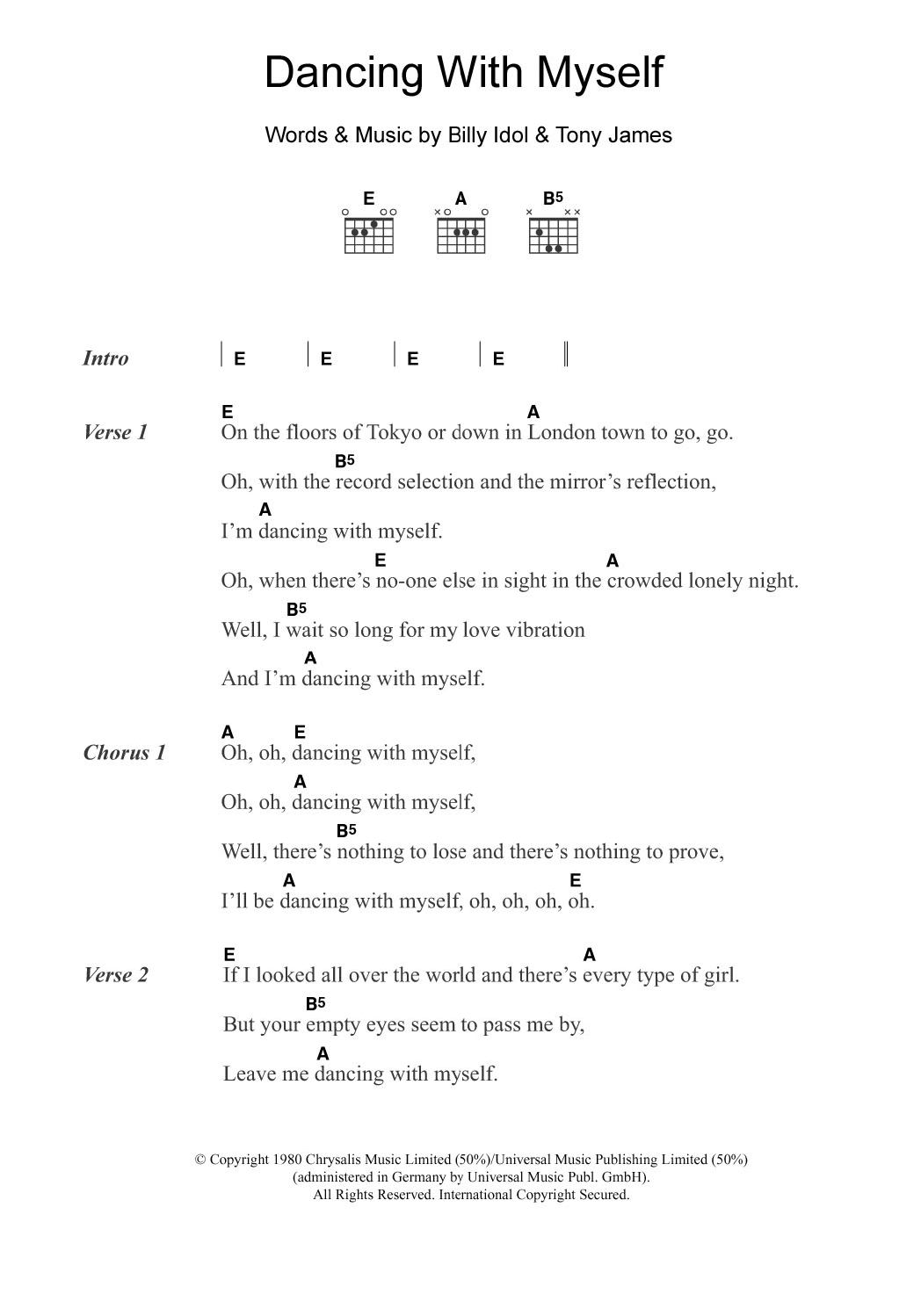 Generation X Dancing With Myself Sheet Music Notes & Chords for Guitar Chords/Lyrics - Download or Print PDF