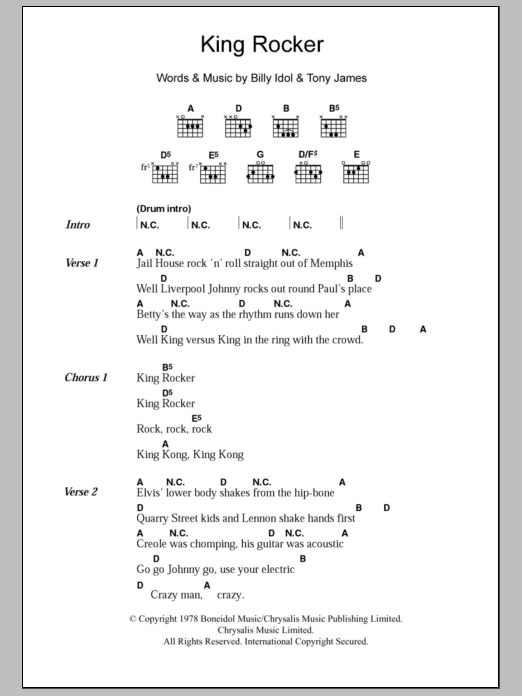 Generation X King Rocker Sheet Music Notes & Chords for Lyrics & Chords - Download or Print PDF