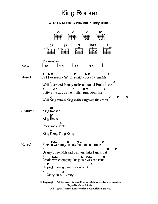 Generation X King Rocker Sheet Music Notes & Chords for Lyrics & Chords - Download or Print PDF