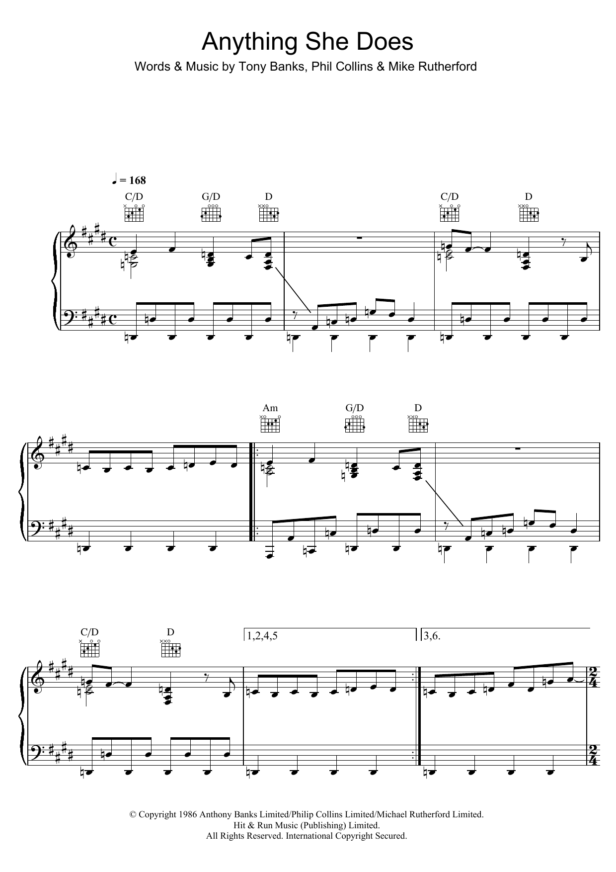 Genesis Anything She Does Sheet Music Notes & Chords for Piano, Vocal & Guitar - Download or Print PDF