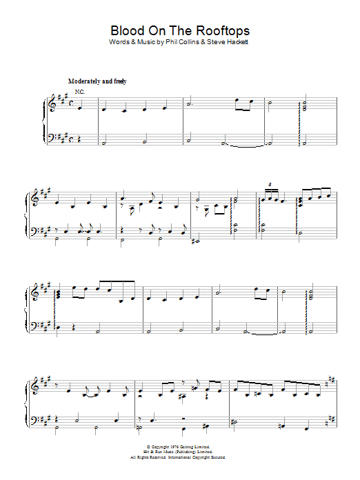 Genesis Blood On The Rooftops Sheet Music Notes & Chords for Piano, Vocal & Guitar Chords (Right-Hand Melody) - Download or Print PDF