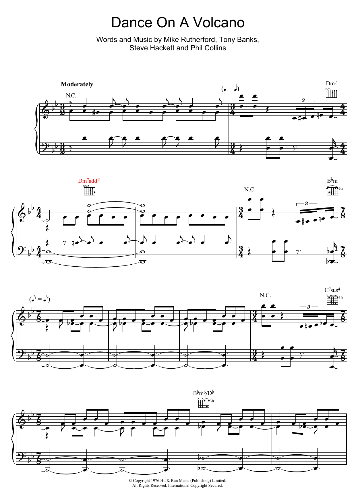 Genesis Dance On A Volcano Sheet Music Notes & Chords for Piano, Vocal & Guitar (Right-Hand Melody) - Download or Print PDF