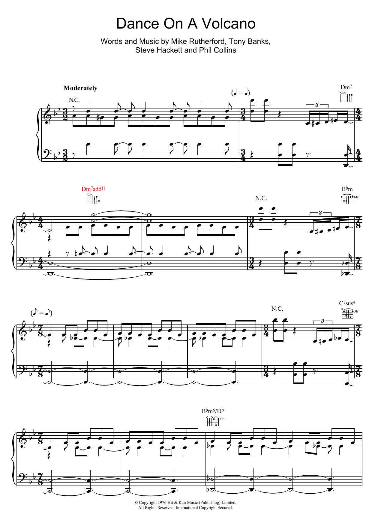 Genesis Dance On A Volcano Sheet Music Notes & Chords for Piano, Vocal & Guitar Chords (Right-Hand Melody) - Download or Print PDF