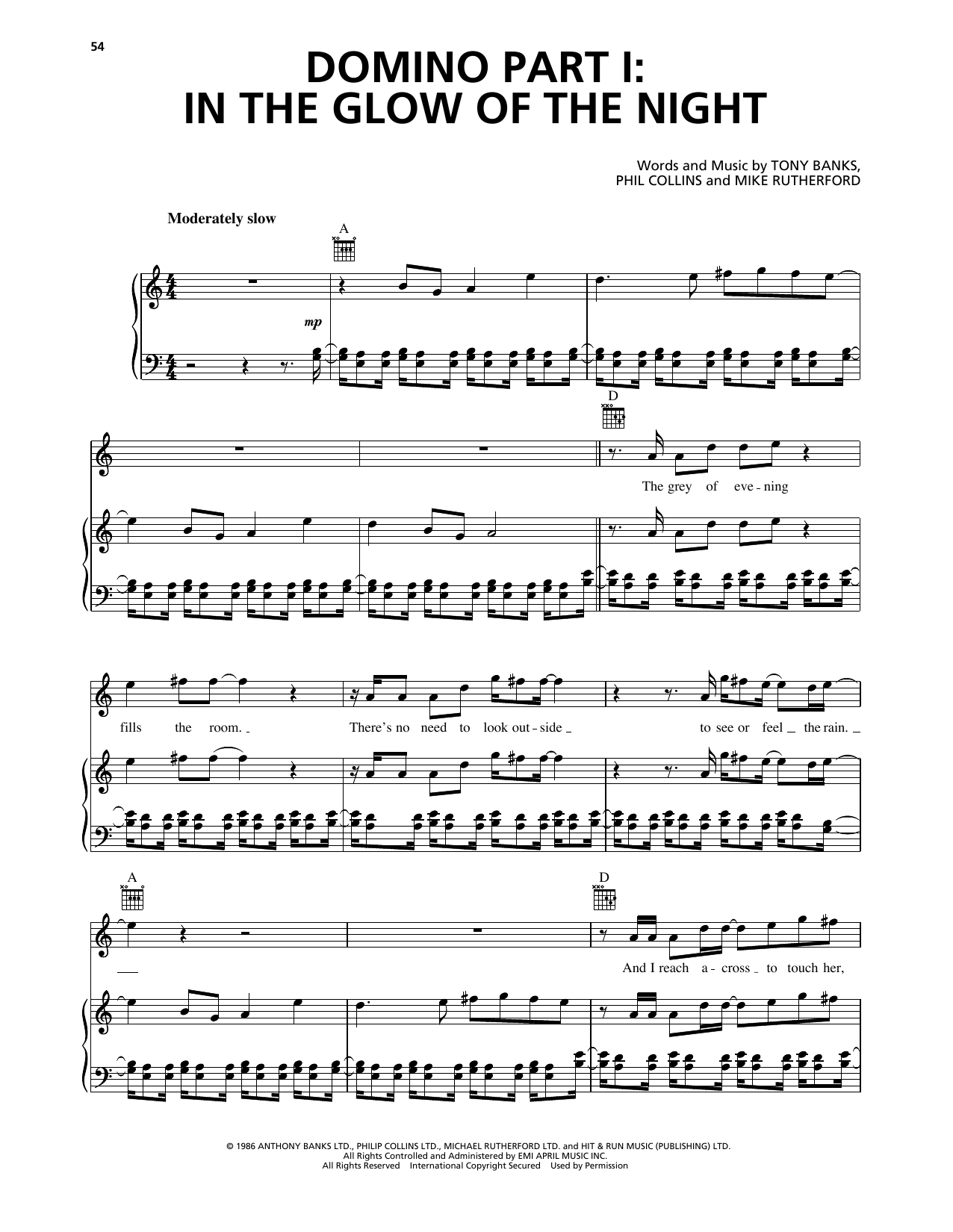 Genesis Domino Part I: In The Glow Of The Night Sheet Music Notes & Chords for Piano, Vocal & Guitar Chords (Right-Hand Melody) - Download or Print PDF