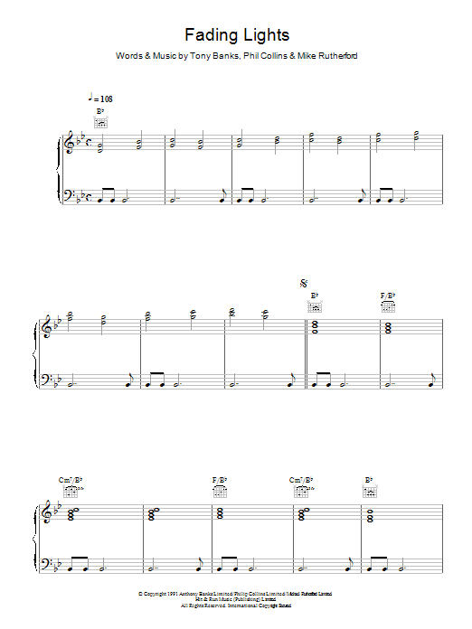 Genesis Fading Lights Sheet Music Notes & Chords for Piano, Vocal & Guitar Chords (Right-Hand Melody) - Download or Print PDF