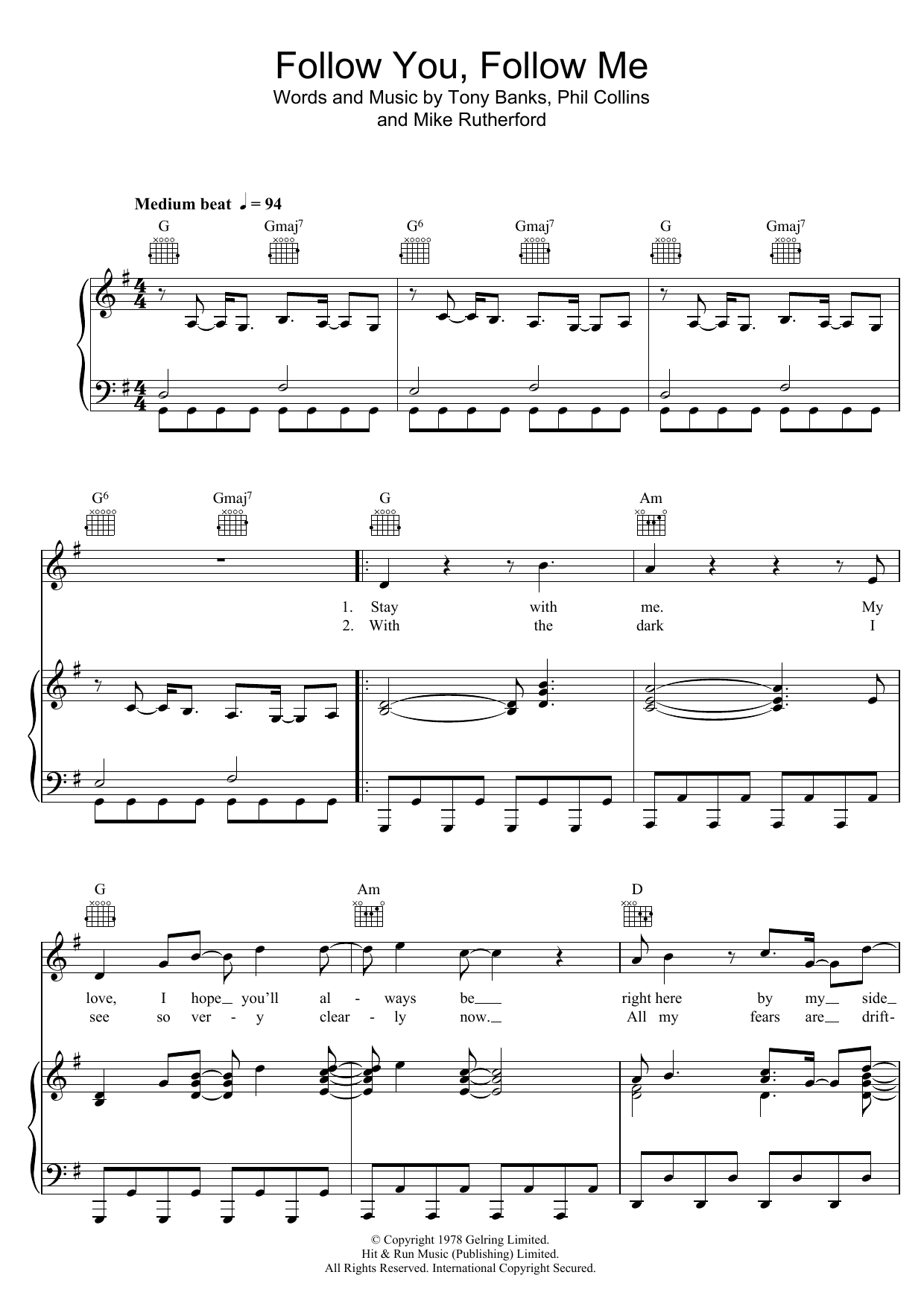 Genesis Follow You, Follow Me Sheet Music Notes & Chords for Piano, Vocal & Guitar Chords (Right-Hand Melody) - Download or Print PDF