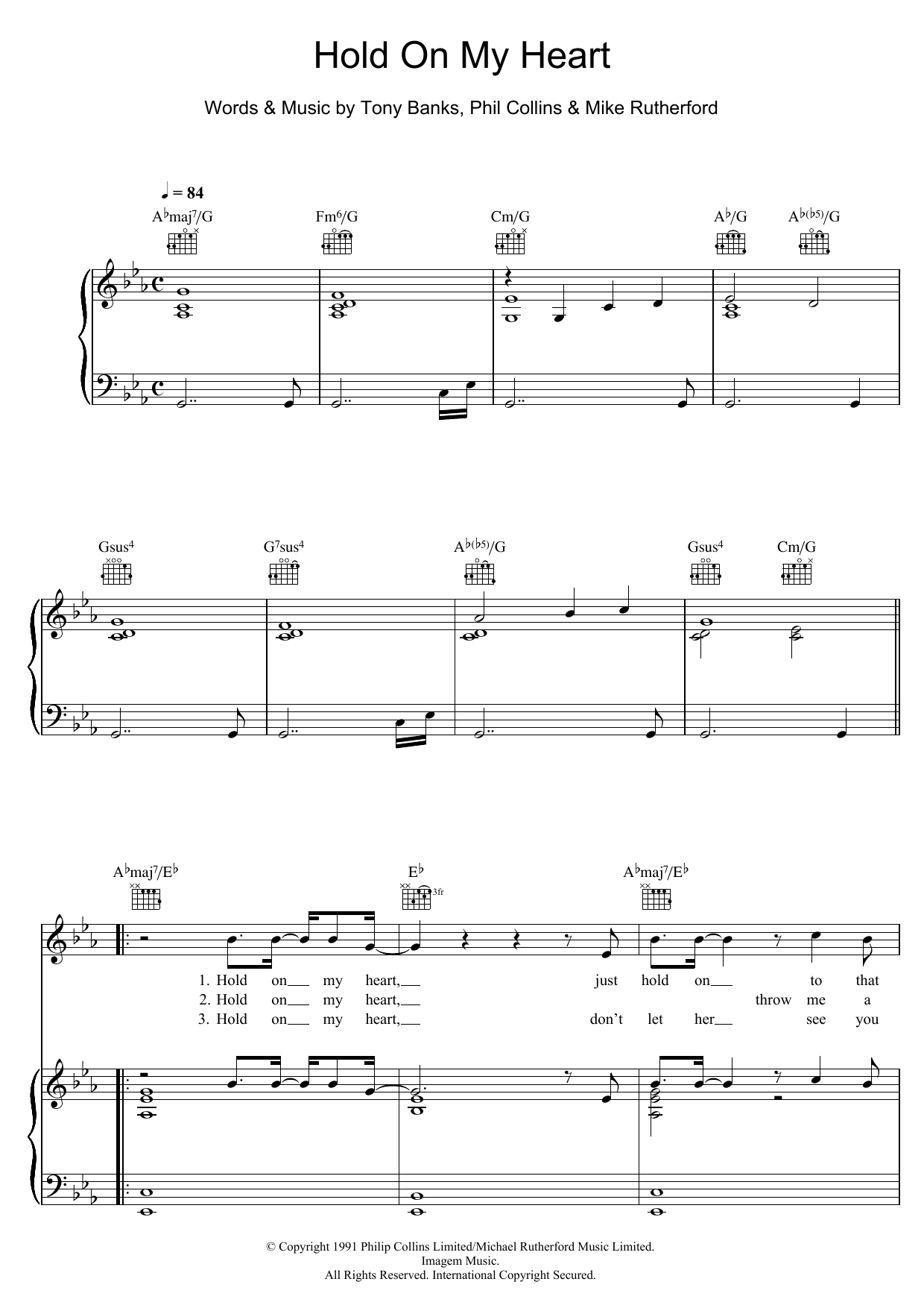 Genesis Hold On My Heart Sheet Music Notes & Chords for Guitar Tab - Download or Print PDF
