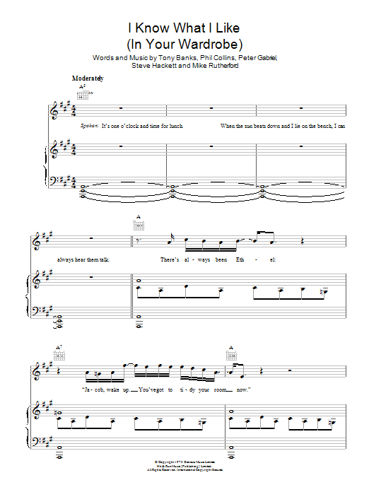 Genesis I Know What I Like (In Your Wardrobe) Sheet Music Notes & Chords for Piano, Vocal & Guitar Chords (Right-Hand Melody) - Download or Print PDF