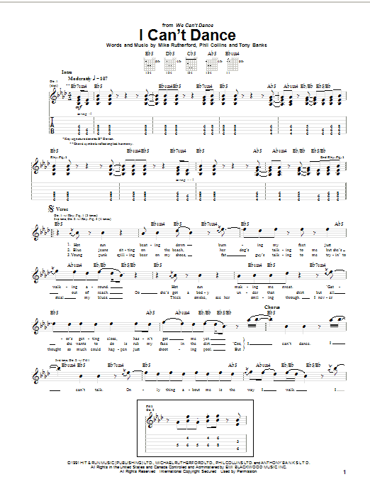 Preview Genesis I Can't Dance Rock sheet music, notes and chords for Guitar Tab, SKU: 21741 I Can't Dance sheet music
