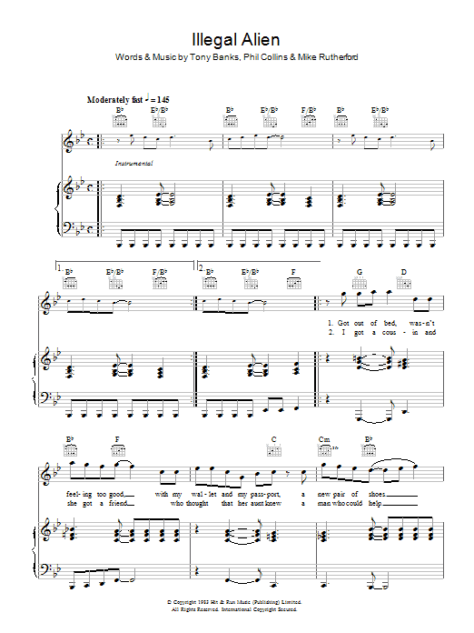 Genesis Illegal Alien Sheet Music Notes & Chords for Piano, Vocal & Guitar Chords (Right-Hand Melody) - Download or Print PDF