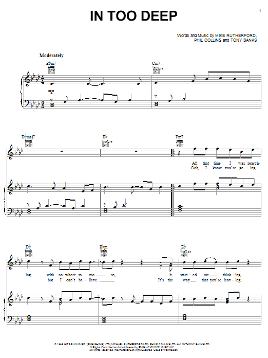 Genesis In Too Deep Sheet Music Notes & Chords for Piano, Vocal & Guitar (Right-Hand Melody) - Download or Print PDF