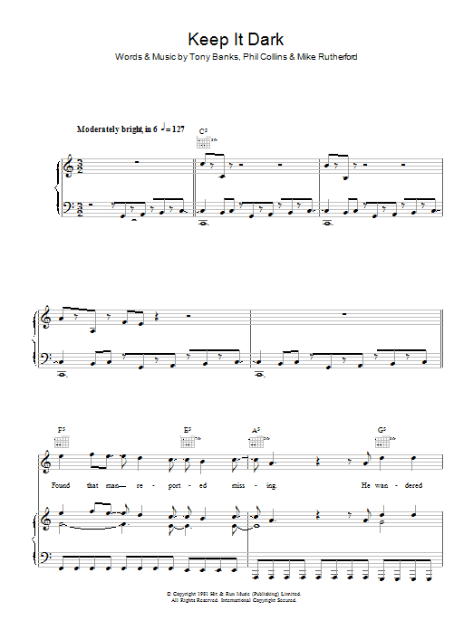 Genesis Keep It Dark Sheet Music Notes & Chords for Piano, Vocal & Guitar Chords (Right-Hand Melody) - Download or Print PDF