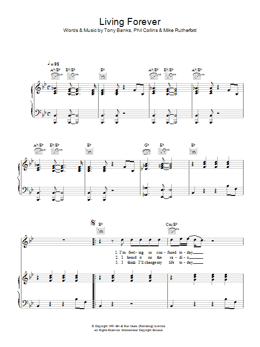 Genesis Living Forever Sheet Music Notes & Chords for Piano, Vocal & Guitar - Download or Print PDF