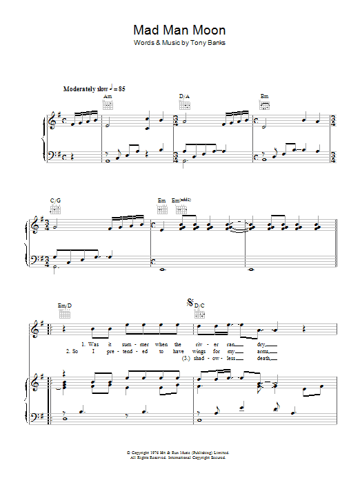 Genesis Mad Man Moon Sheet Music Notes & Chords for Piano, Vocal & Guitar Chords (Right-Hand Melody) - Download or Print PDF