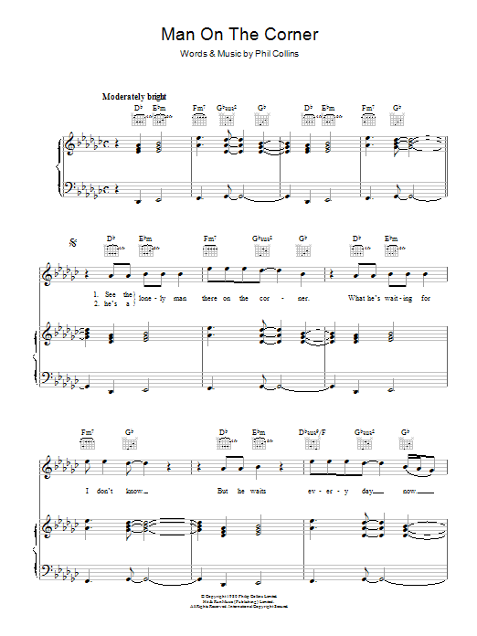 Genesis Man On The Corner Sheet Music Notes & Chords for Piano, Vocal & Guitar Chords (Right-Hand Melody) - Download or Print PDF