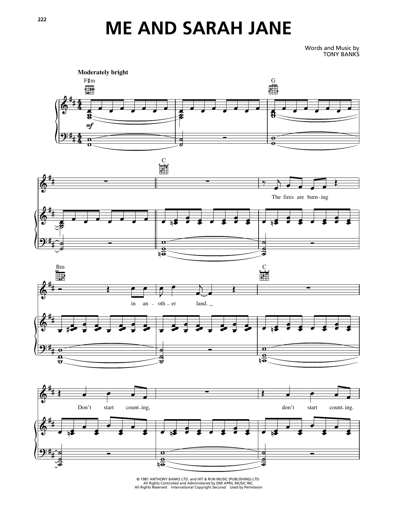 Genesis Me And Sarah Jane Sheet Music Notes & Chords for Piano, Vocal & Guitar Chords (Right-Hand Melody) - Download or Print PDF