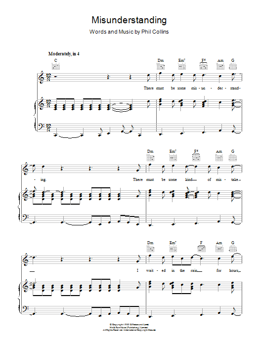 Genesis Misunderstanding Sheet Music Notes & Chords for Piano, Vocal & Guitar (Right-Hand Melody) - Download or Print PDF