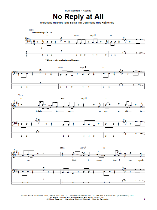 Genesis No Reply At All Sheet Music Notes & Chords for Piano, Vocal & Guitar - Download or Print PDF