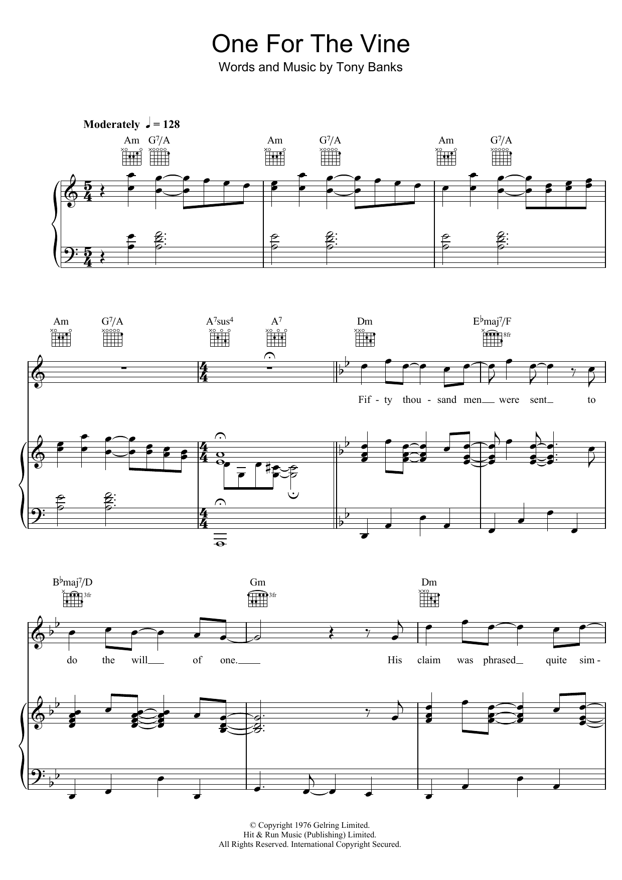 Genesis One For The Vine Sheet Music Notes & Chords for Piano, Vocal & Guitar Chords (Right-Hand Melody) - Download or Print PDF