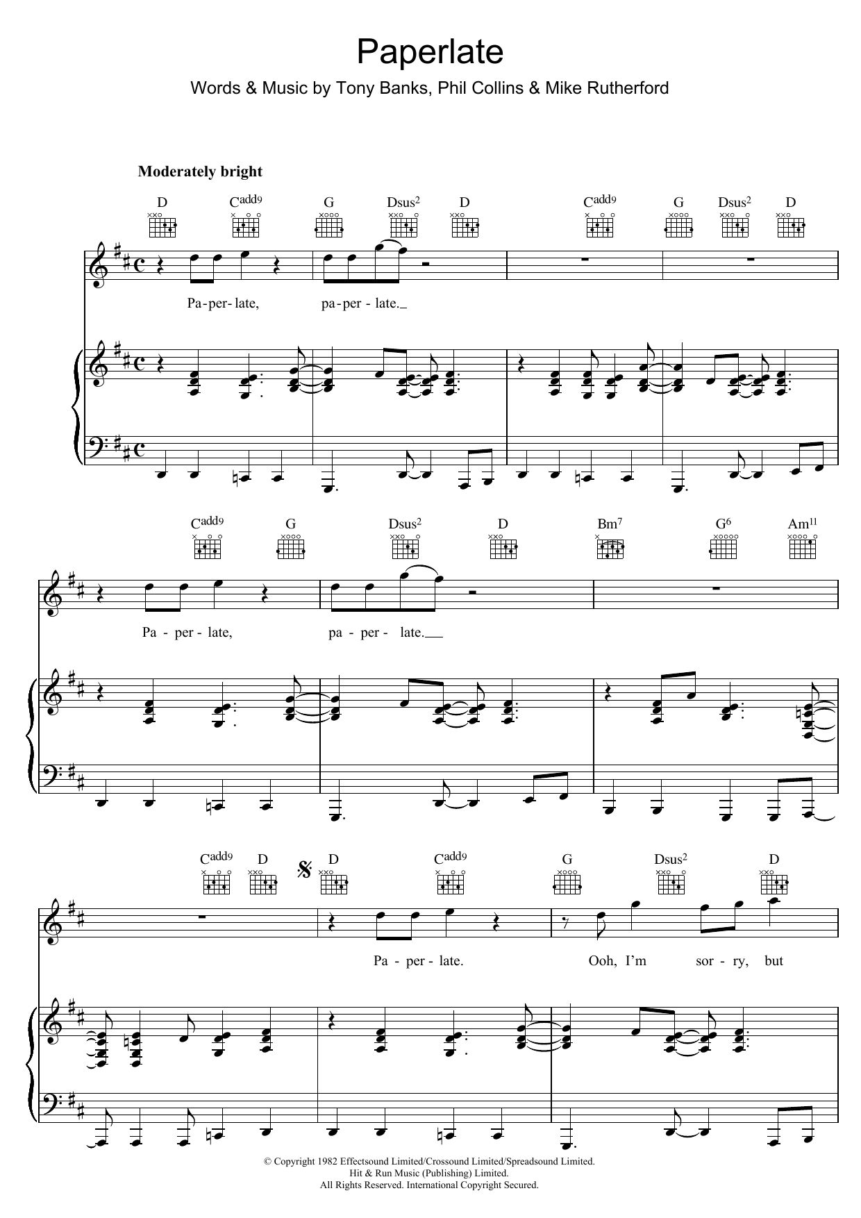 Genesis Paperlate Sheet Music Notes & Chords for Piano, Vocal & Guitar Chords (Right-Hand Melody) - Download or Print PDF