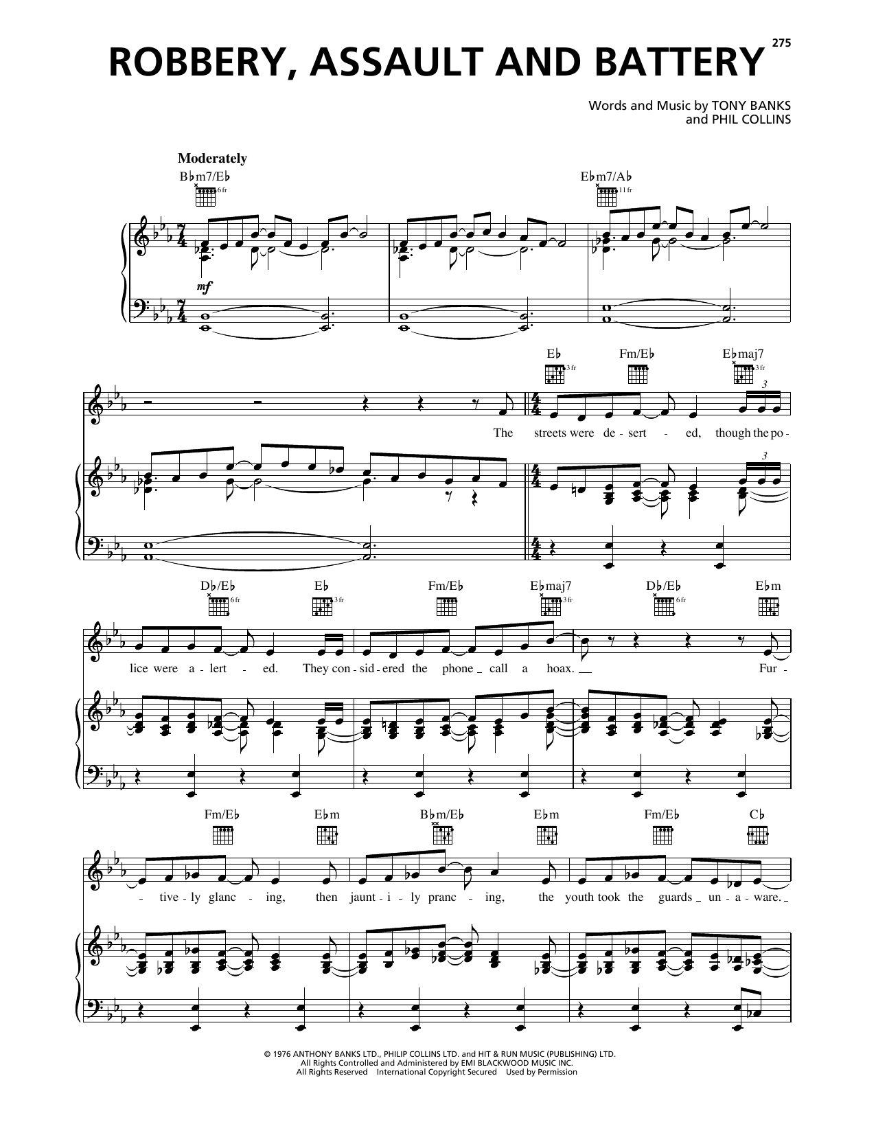 Genesis Robbery, Assault And Battery Sheet Music Notes & Chords for Piano, Vocal & Guitar Chords (Right-Hand Melody) - Download or Print PDF