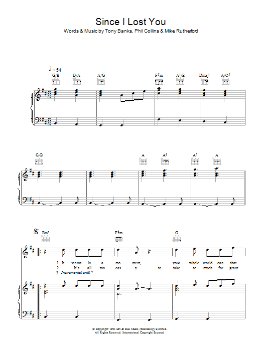 Genesis Since I Lost You Sheet Music Notes & Chords for Piano, Vocal & Guitar (Right-Hand Melody) - Download or Print PDF