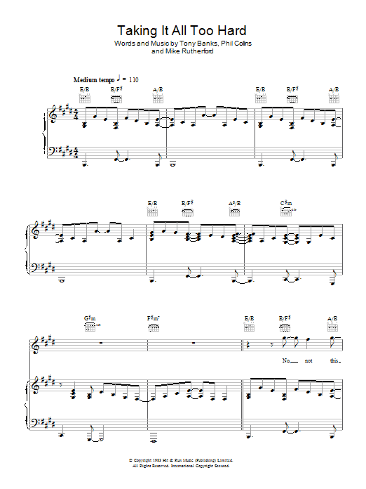 Genesis Taking It All Too Hard Sheet Music Notes & Chords for Piano, Vocal & Guitar - Download or Print PDF