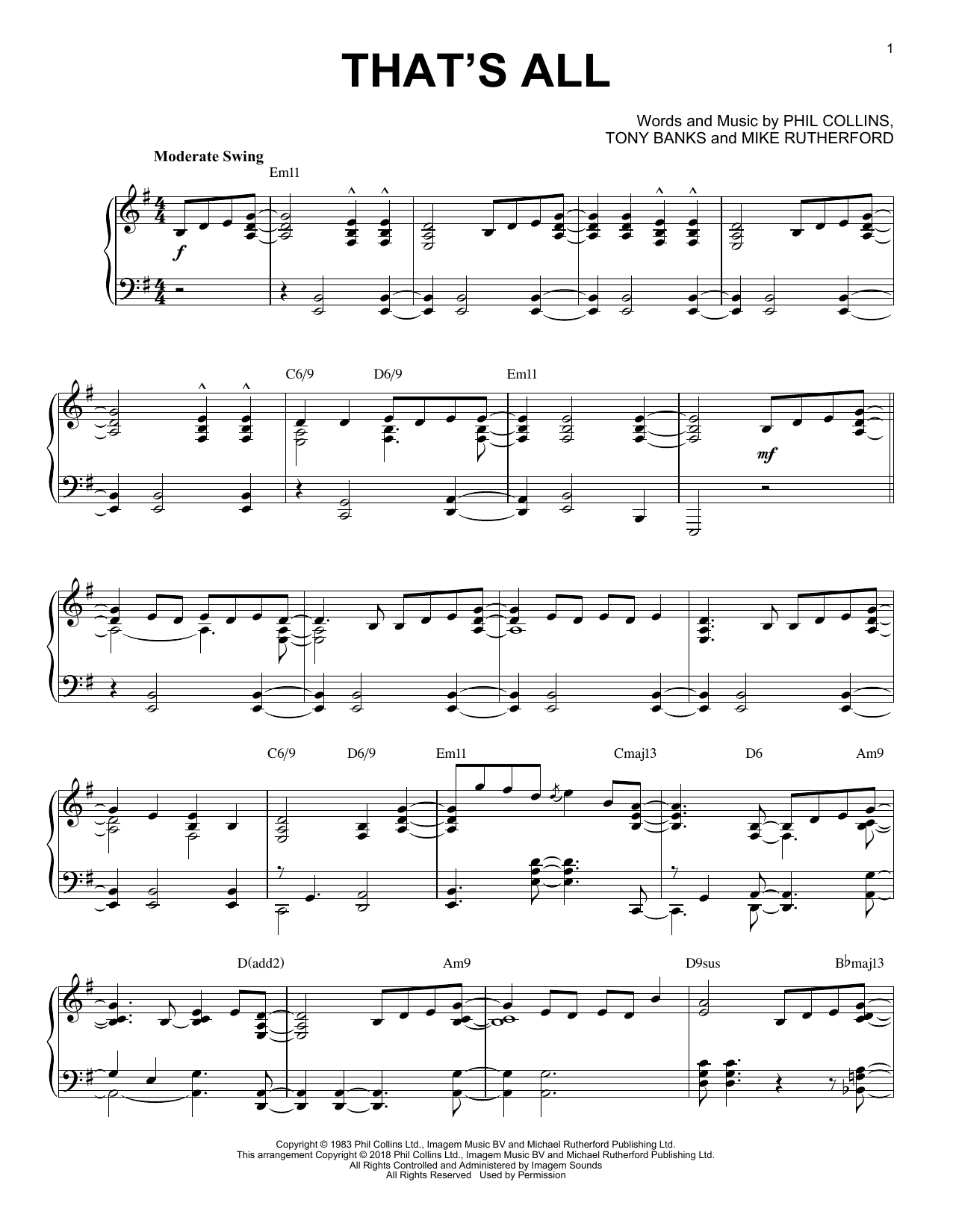 Genesis That's All [Jazz version] Sheet Music Notes & Chords for Piano - Download or Print PDF