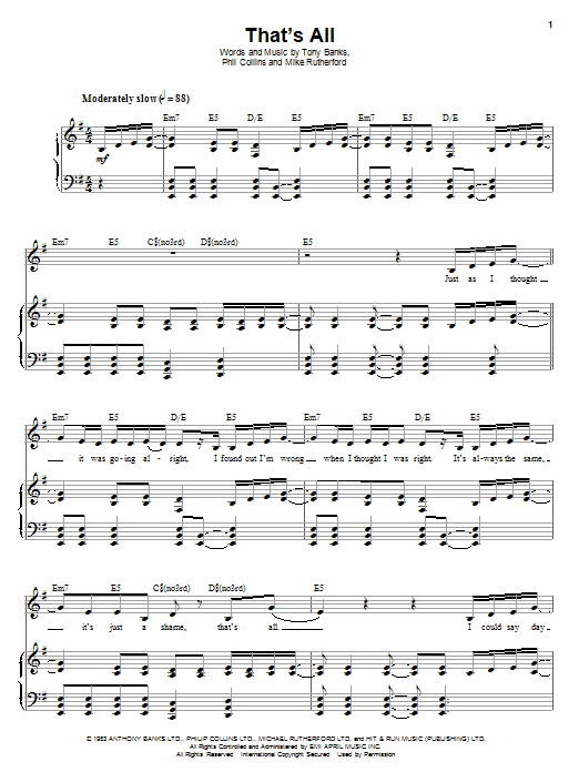 Genesis That's All Sheet Music Notes & Chords for Piano, Vocal & Guitar Chords (Right-Hand Melody) - Download or Print PDF