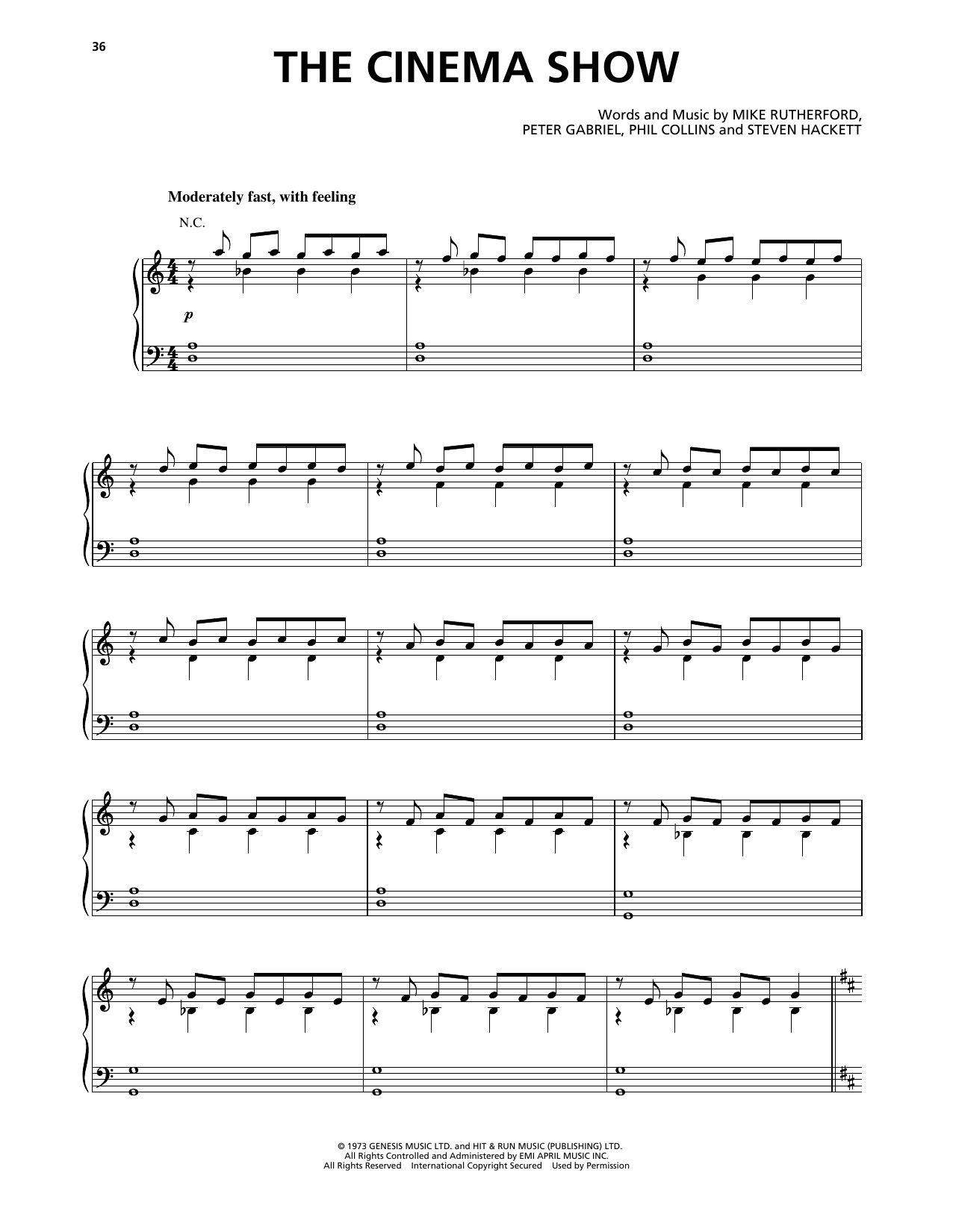 Genesis The Cinema Show Sheet Music Notes & Chords for Piano, Vocal & Guitar Chords (Right-Hand Melody) - Download or Print PDF