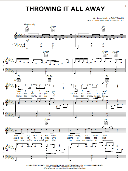 Genesis Throwing It All Away Sheet Music Notes & Chords for Keyboard Transcription - Download or Print PDF