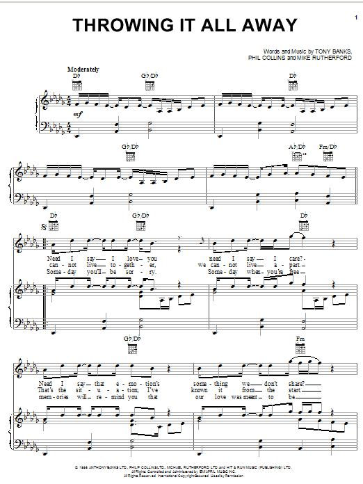 Preview Genesis Throwing It All Away Rock sheet music, notes and chords for Piano, Vocal & Guitar (Right-Hand Melody), SKU: 23471 sheet music, piano notes, chords, guitar tabs, score, transpose, transcribe, how to play, guide, download, learn, tutorial, progression, song, artist, awards, billboard, mtv, vh1, tour, single, album, release