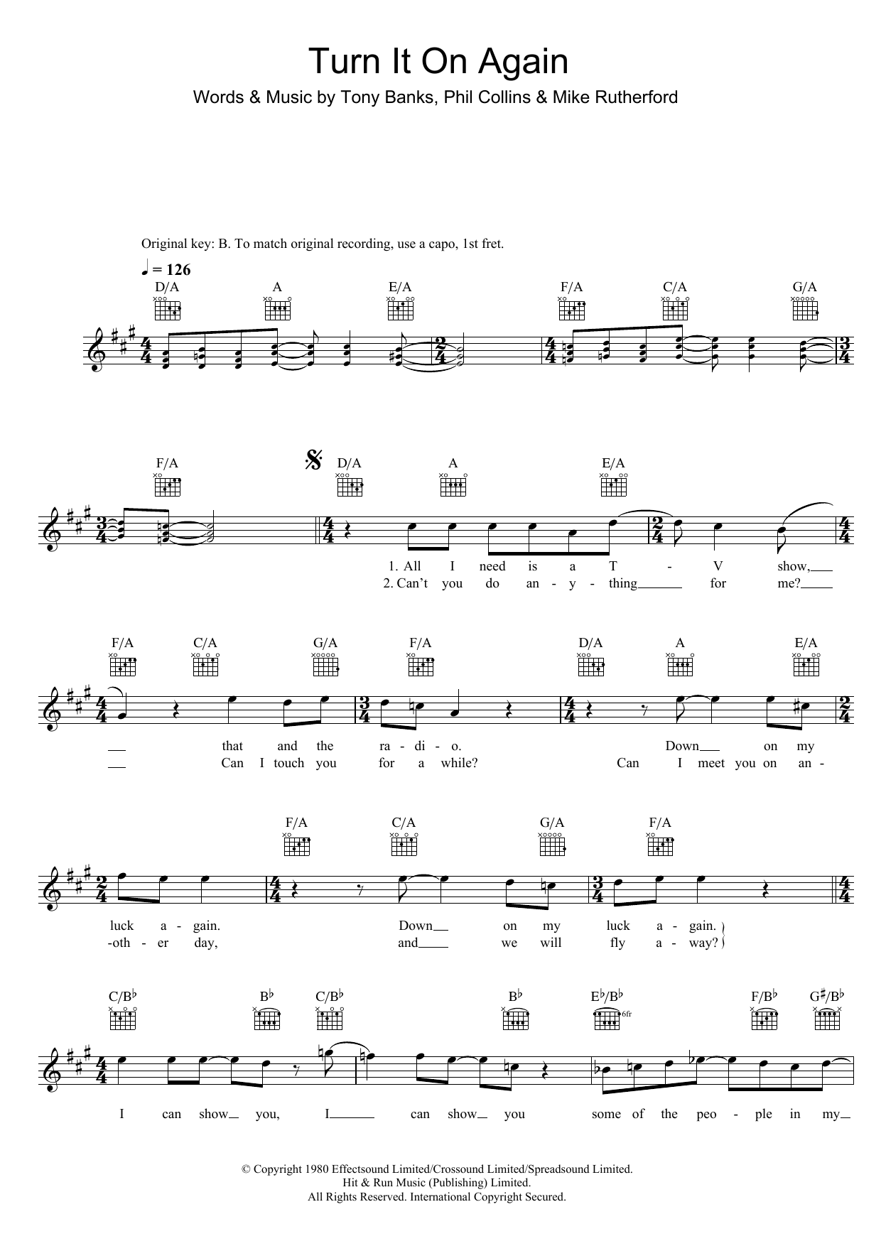 Genesis Turn It On Again Sheet Music Notes & Chords for Guitar Tab Play-Along - Download or Print PDF