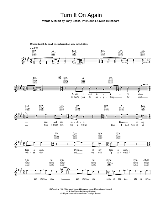 Preview Genesis Turn It On Again Rock sheet music, notes and chords for Guitar Tab Play-Along, SKU: 76658 Turn It On Again sheet music