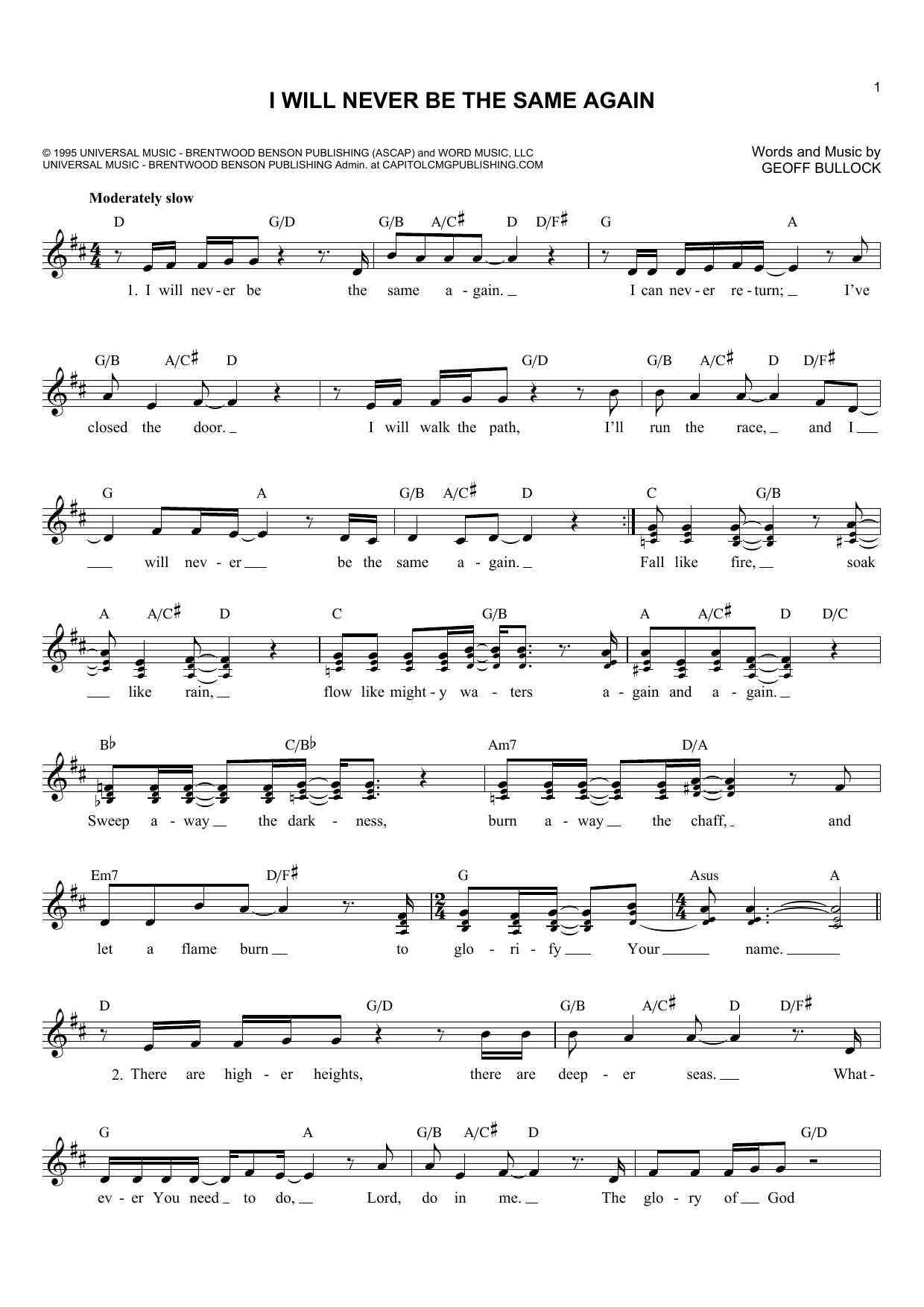 Geoff Bullock I Will Never Be The Same Again Sheet Music Notes & Chords for Melody Line, Lyrics & Chords - Download or Print PDF
