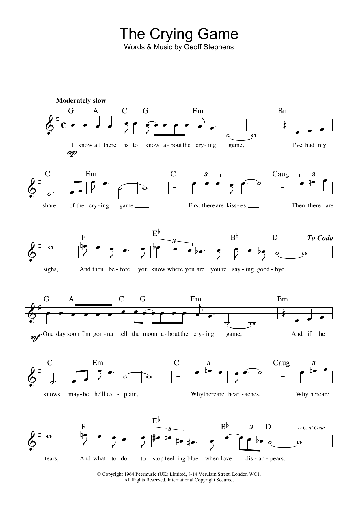 Geoff Stephens The Crying Game Sheet Music Notes & Chords for Lyrics & Chords - Download or Print PDF