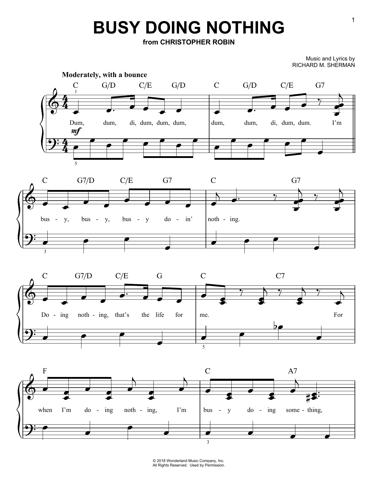 Geoff Zanelli & Jon Brion Busy Doing Nothing (from Christopher Robin) Sheet Music Notes & Chords for Piano, Vocal & Guitar (Right-Hand Melody) - Download or Print PDF