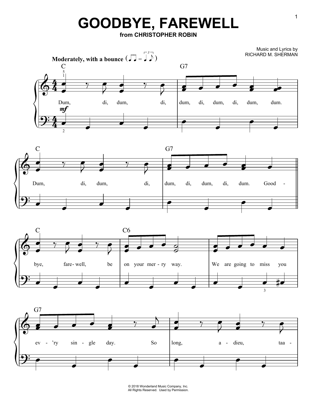 Geoff Zanelli & Jon Brion Goodbye, Farewell (from Christopher Robin) Sheet Music Notes & Chords for Easy Piano - Download or Print PDF