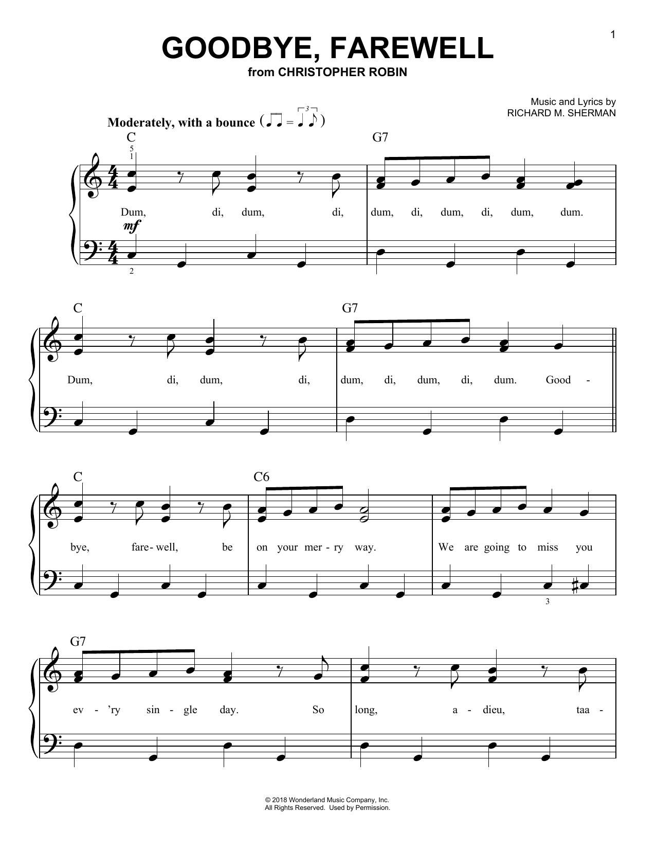 Geoff Zanelli & Jon Brion Goodbye, Farewell (from Christopher Robin) Sheet Music Notes & Chords for Piano, Vocal & Guitar (Right-Hand Melody) - Download or Print PDF