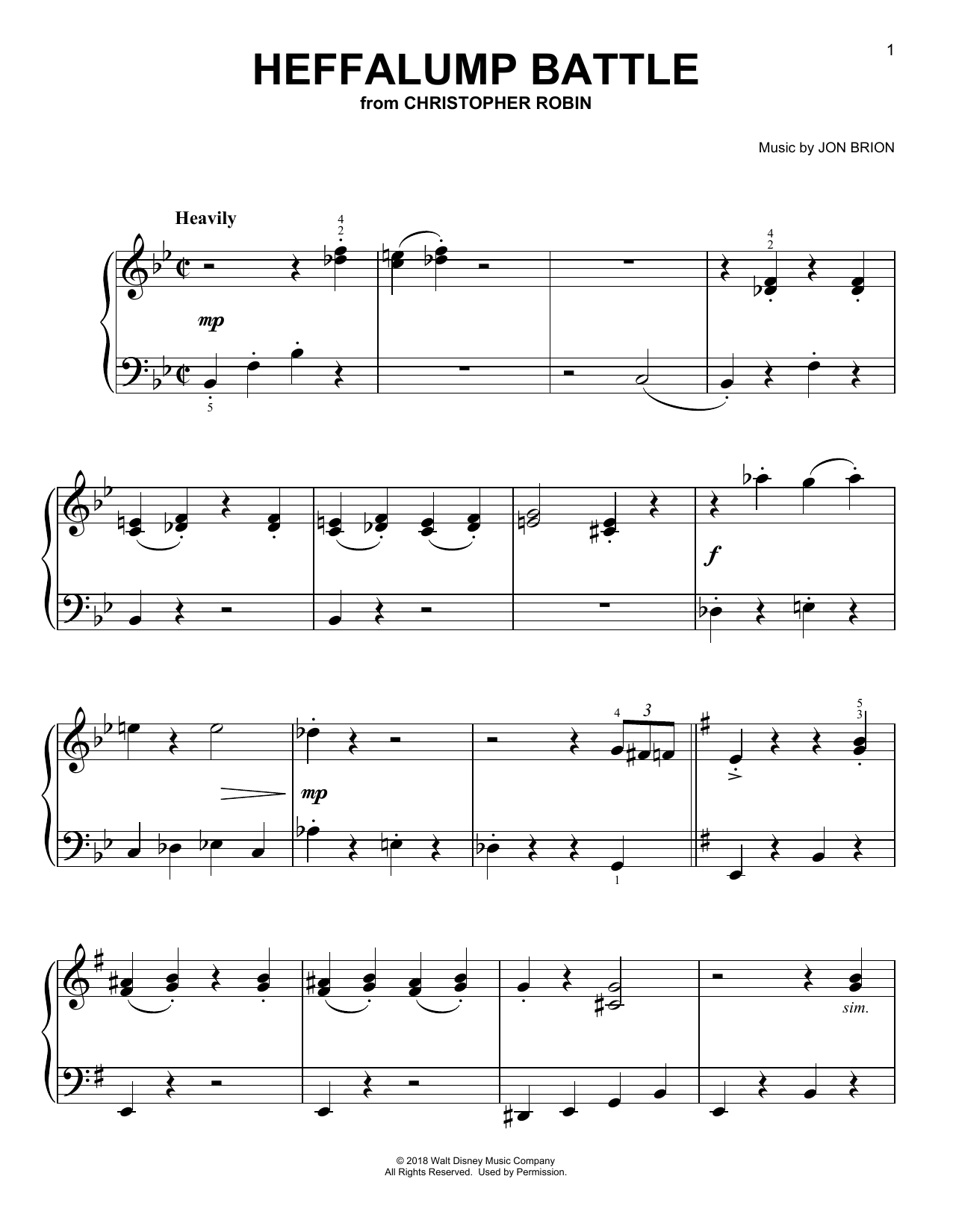 Geoff Zanelli & Jon Brion Heffalump Battle (from Christopher Robin) Sheet Music Notes & Chords for Easy Piano - Download or Print PDF