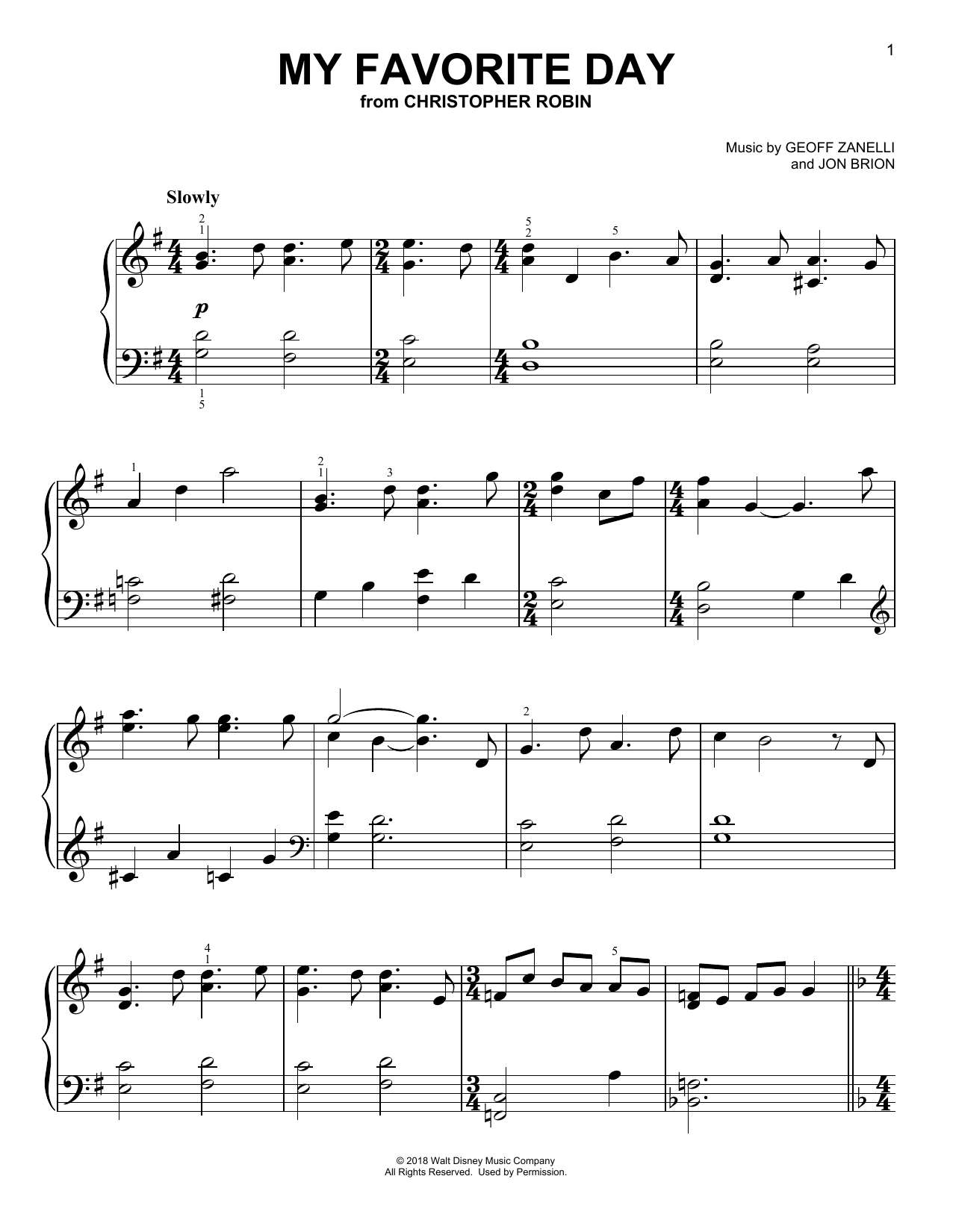 Geoff Zanelli & Jon Brion My Favorite Day (from Christopher Robin) Sheet Music Notes & Chords for Piano Solo - Download or Print PDF