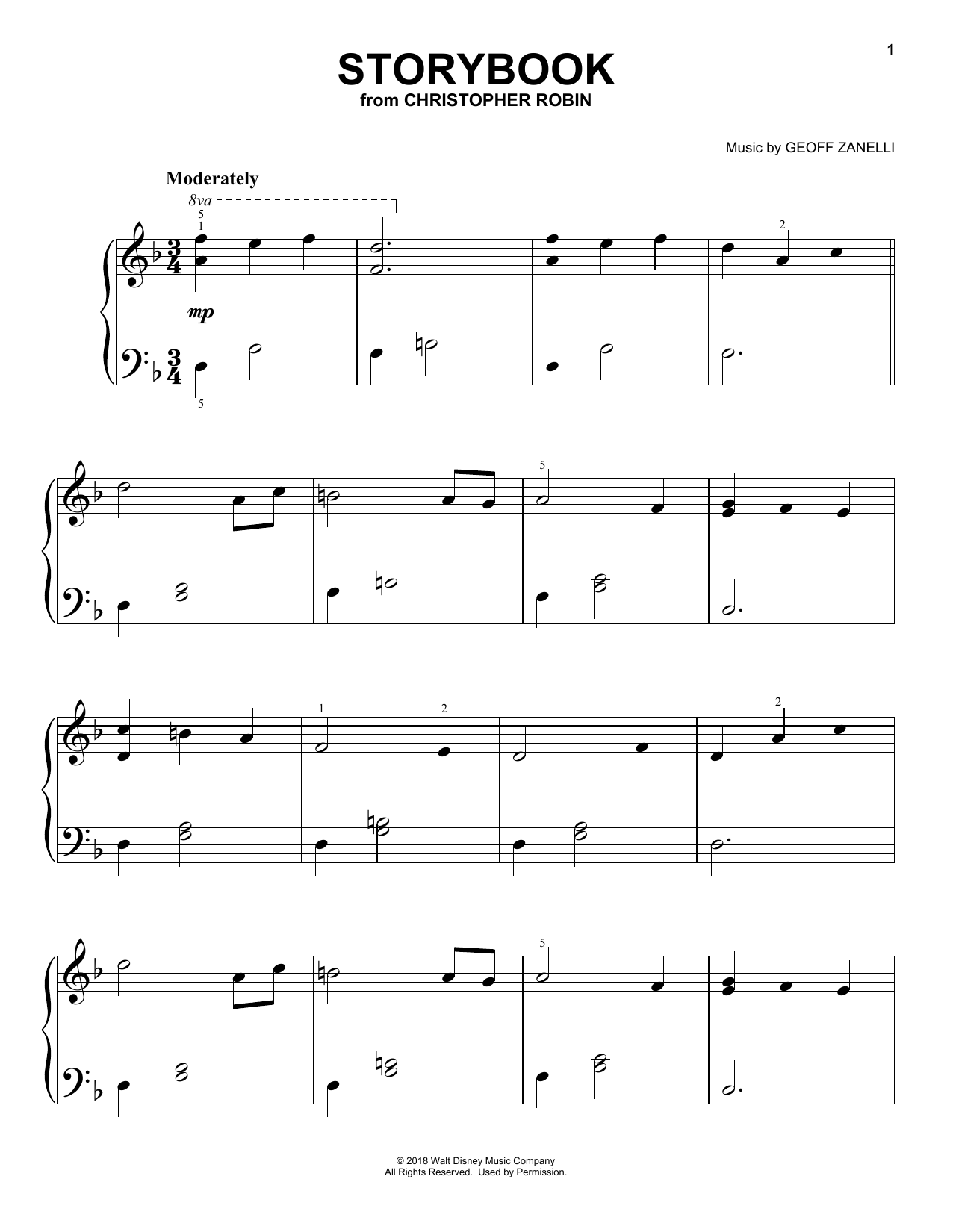 Geoff Zanelli & Jon Brion Storybook (from Christopher Robin) Sheet Music Notes & Chords for Easy Piano - Download or Print PDF