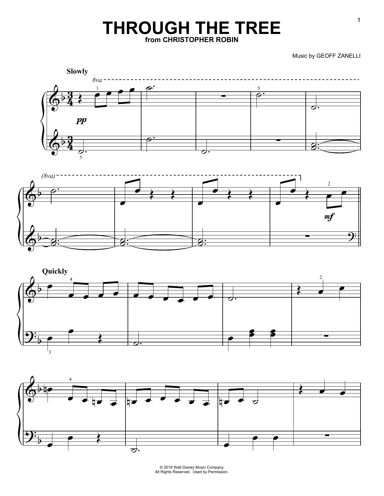 Geoff Zanelli & Jon Brion Through The Tree (from Christopher Robin) Sheet Music Notes & Chords for Easy Piano - Download or Print PDF