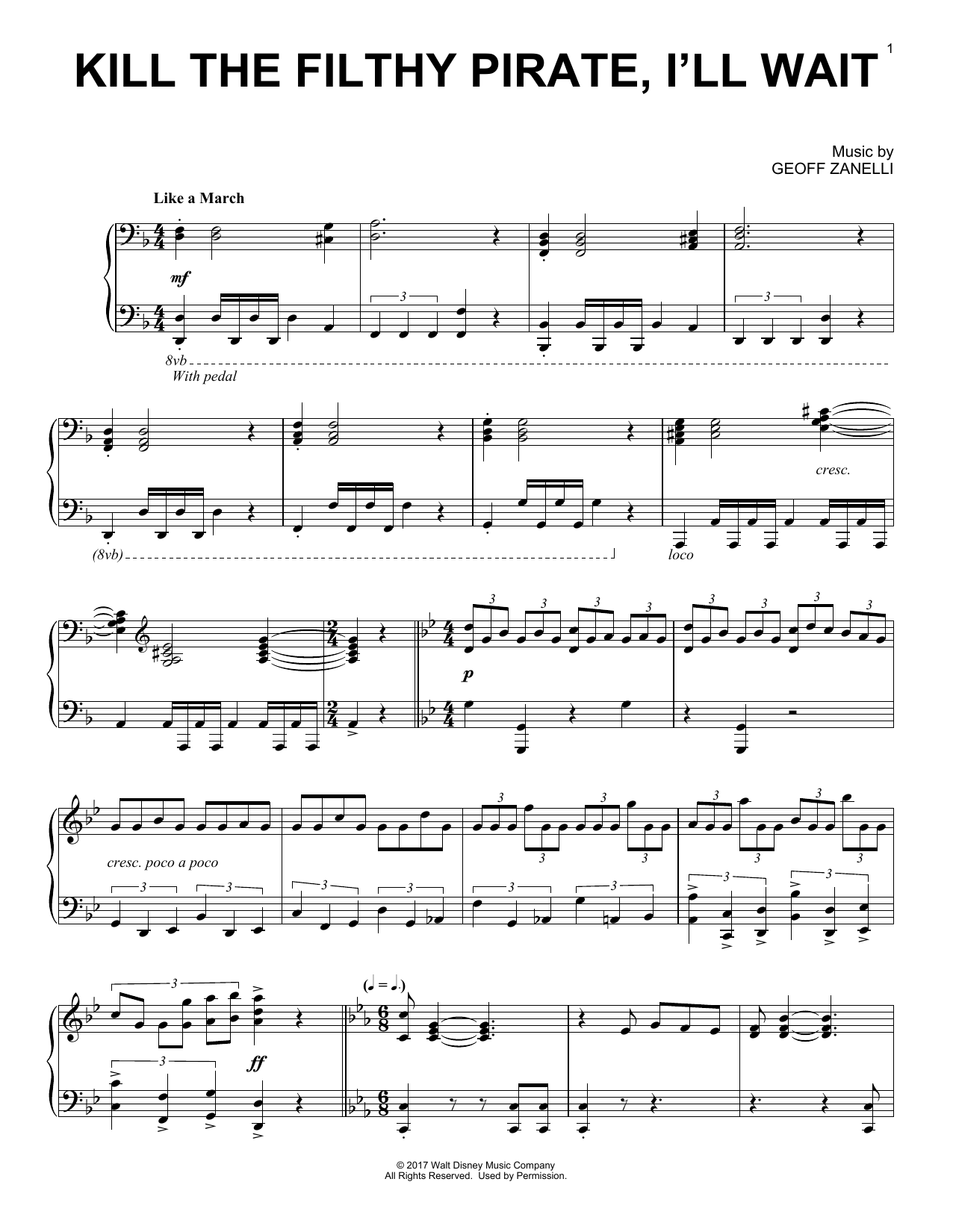Geoff Zanelli Kill The Filthy Pirate, I'll Wait Sheet Music Notes & Chords for Piano - Download or Print PDF