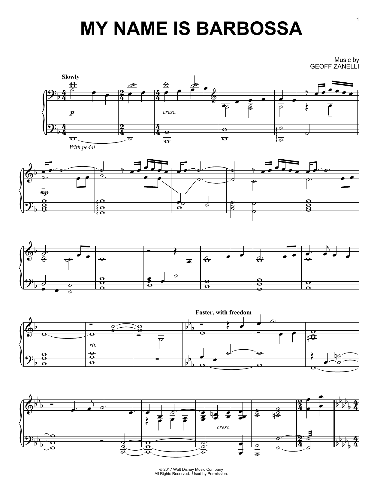 Geoff Zanelli My Name Is Barbossa Sheet Music Notes & Chords for Piano - Download or Print PDF