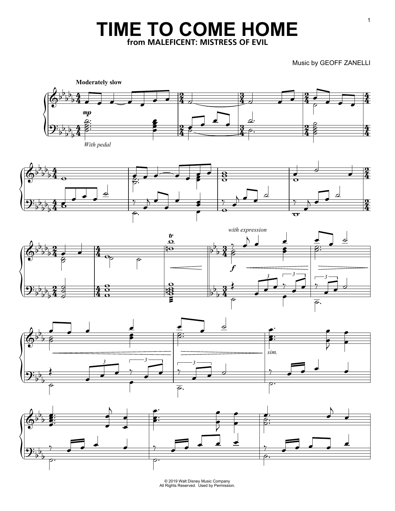 Geoff Zanelli Time To Come Home (from Disney's Maleficent: Mistress of Evil) Sheet Music Notes & Chords for Piano Solo - Download or Print PDF