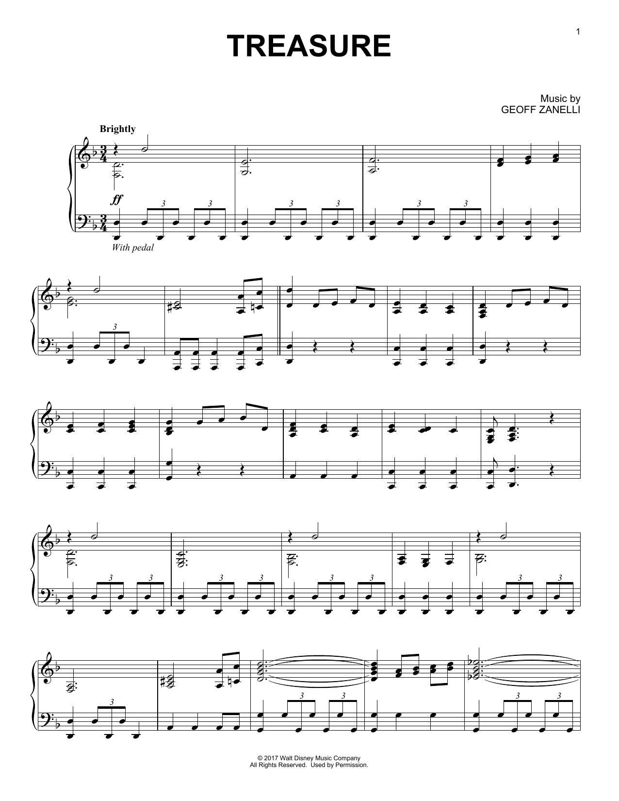 Geoff Zanelli Treasure Sheet Music Notes & Chords for Piano - Download or Print PDF Geoff Zanelli Treasure Sheet Music Notes & Chords for Piano - Download or Print PDF