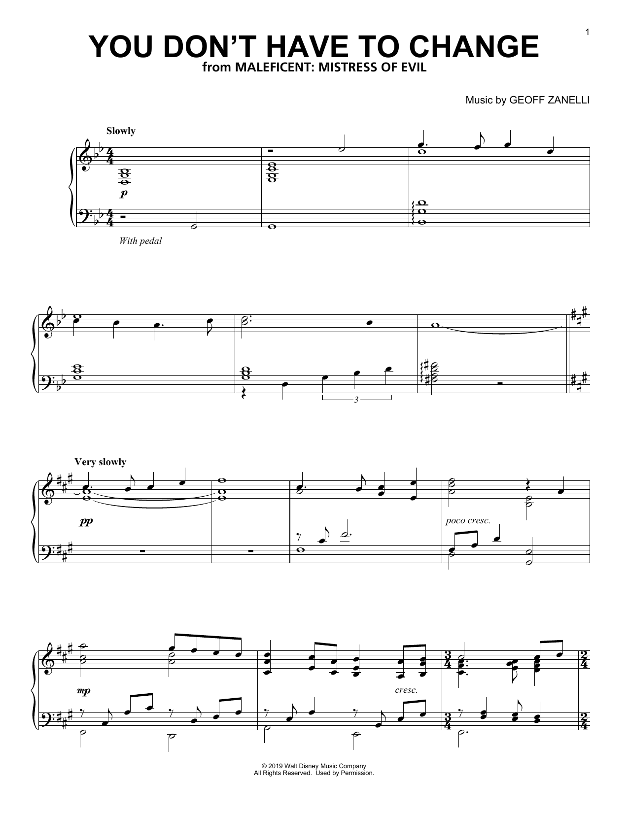 Geoff Zanelli You Don't Have To Change (from Disney's Maleficent: Mistress of Evil) Sheet Music Notes & Chords for Piano Solo - Download or Print PDF